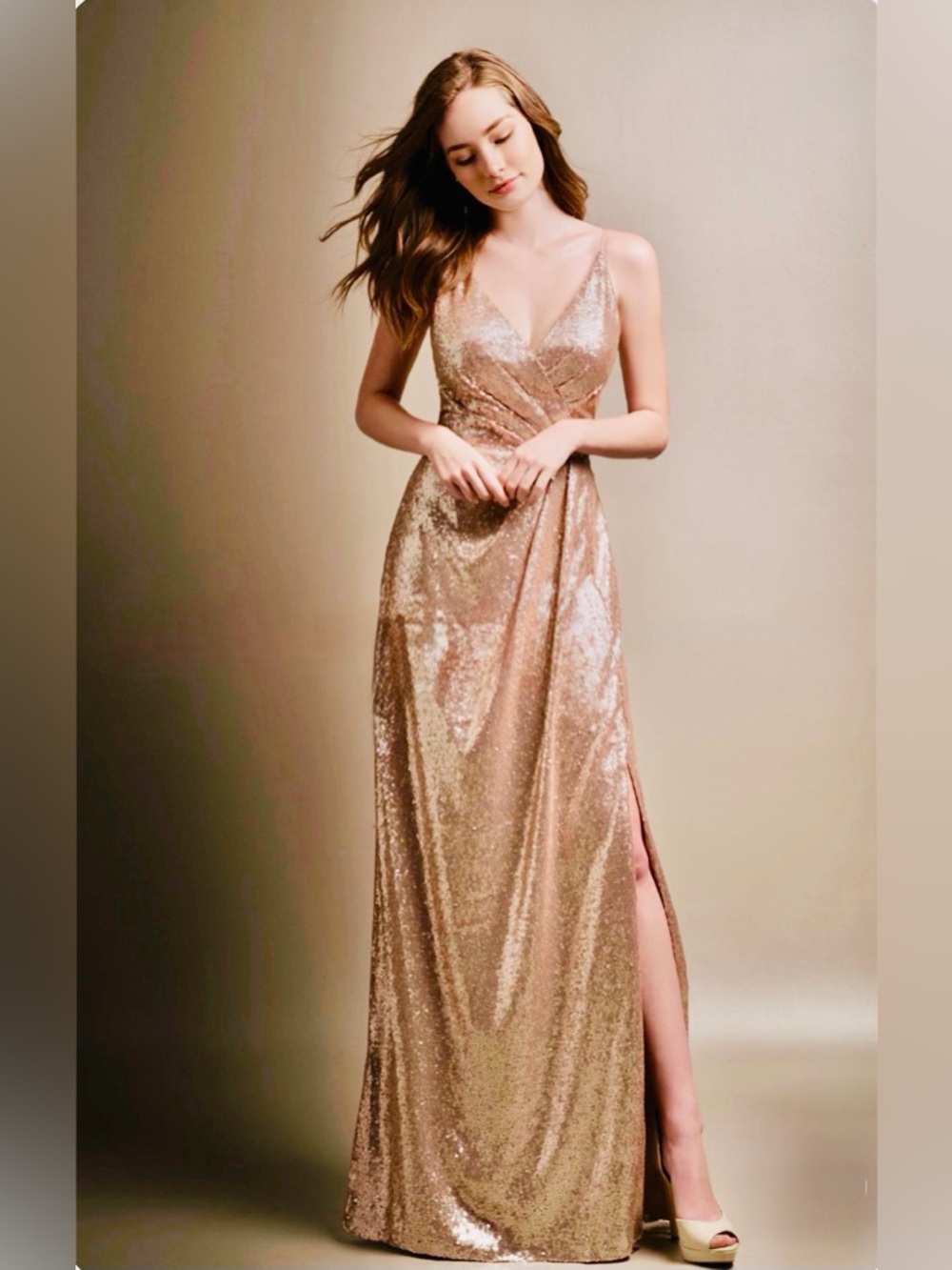 Belsoie 😍 Sparkling Rose Gold Sequin V-Neck Formal Gown NWOT